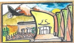 Colorful, abstract drawing of buildings, possibly a street scene with unique perspective, shapes, and a bird flying in the sky.