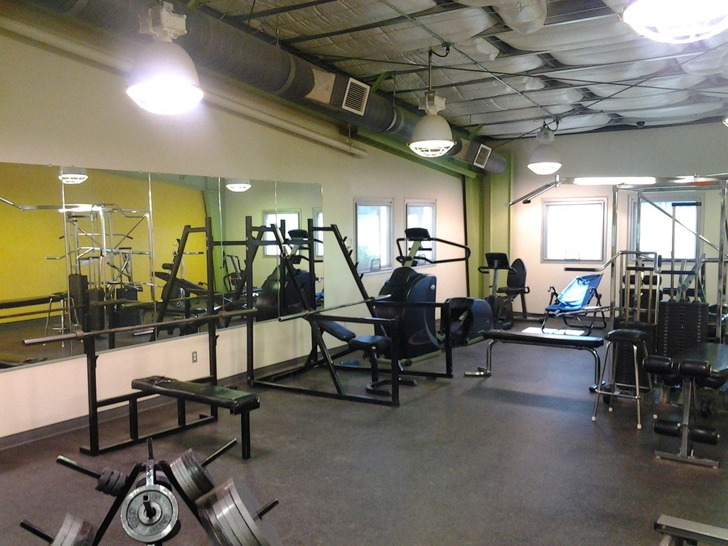 An empty gym with various exercise machines and weights.