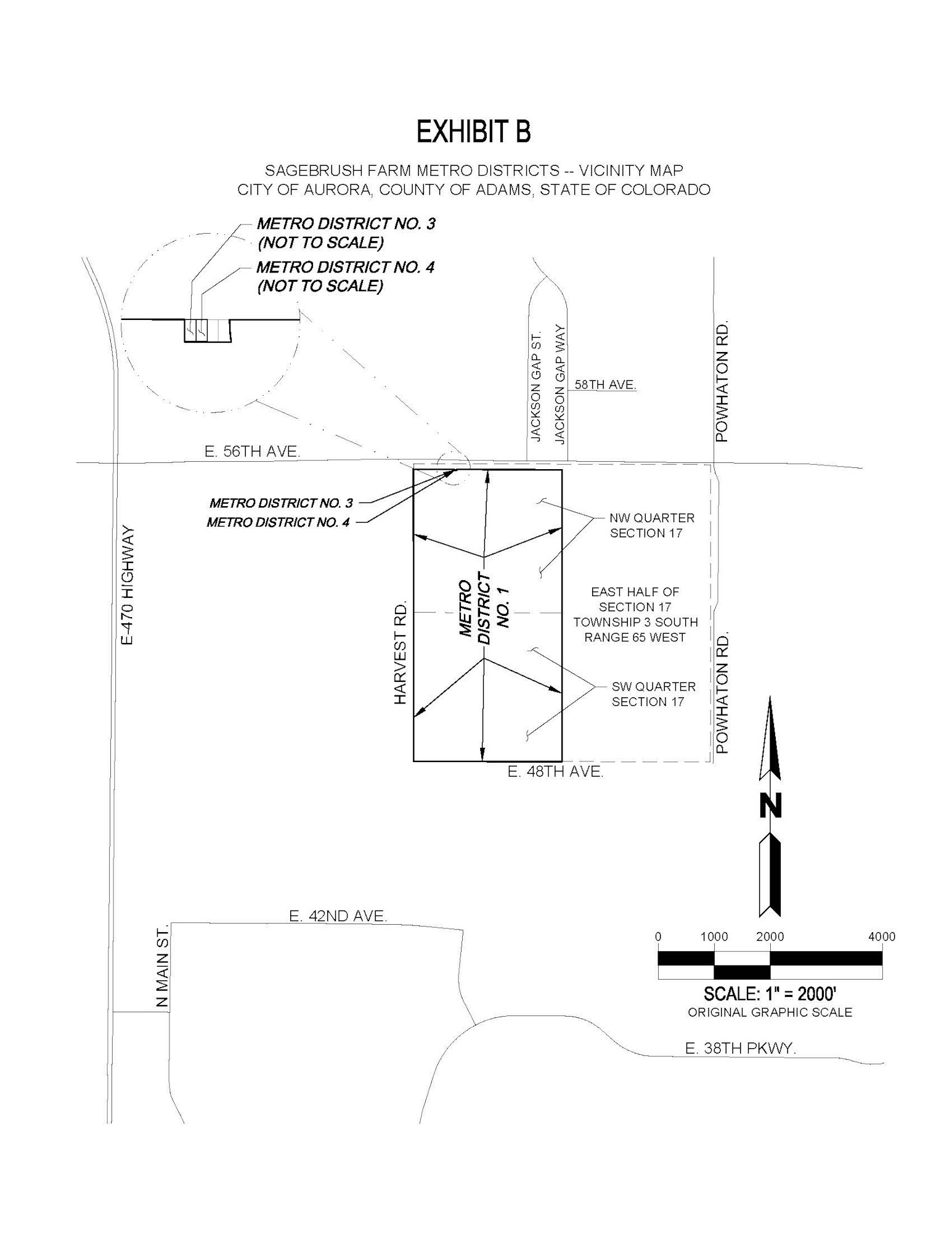 Map of Sagebrush Farm Metro District Nos. 1, 3 and 4 in Aurora, CO, generally located south of East 56th Avenue and west of E-470 Highway