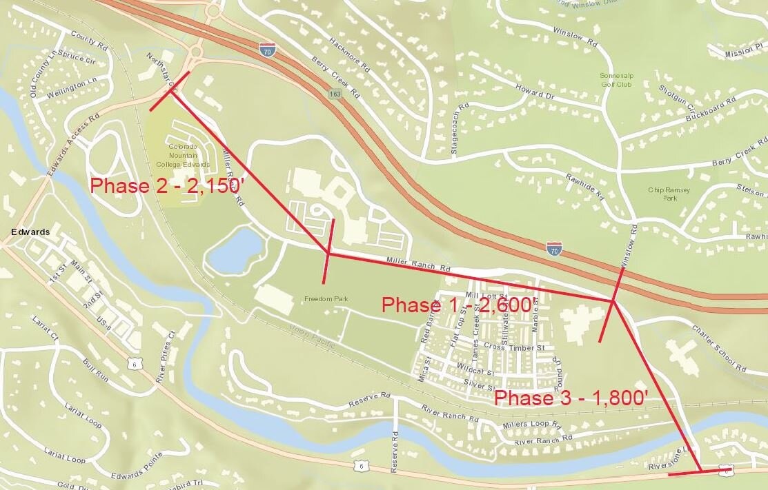 A map with marked phases and distances in feet for a project or plan.
