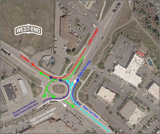 Map showing a roundabout with lane closures and traffic directions for accessing Highway 6 and Highway West.