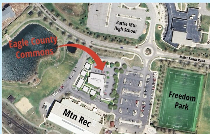 Map showing Eagle County Commons, Battle Mountain High School, Freedom Park, Mtn Rec, and nearby roads with parking lots.