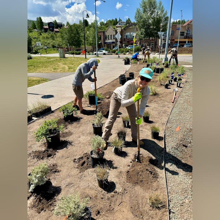 People planting in a community garden on a sunny day.