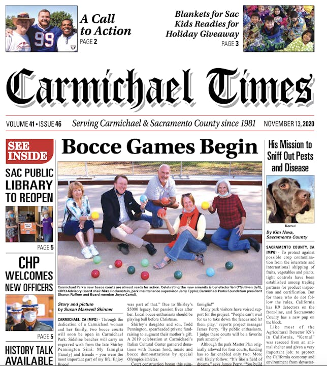 A newspaper front page with headlines, a group playing bocce, a dog, and children with blankets.