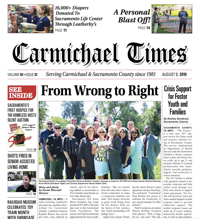 Front page of "Carmichael Times" featuring headlines, a group photo, and a small sports image.