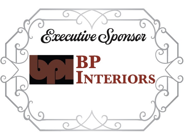 "Executive Sponsor" above a logo and text for "BP Interiors," framed by decorative swirls.