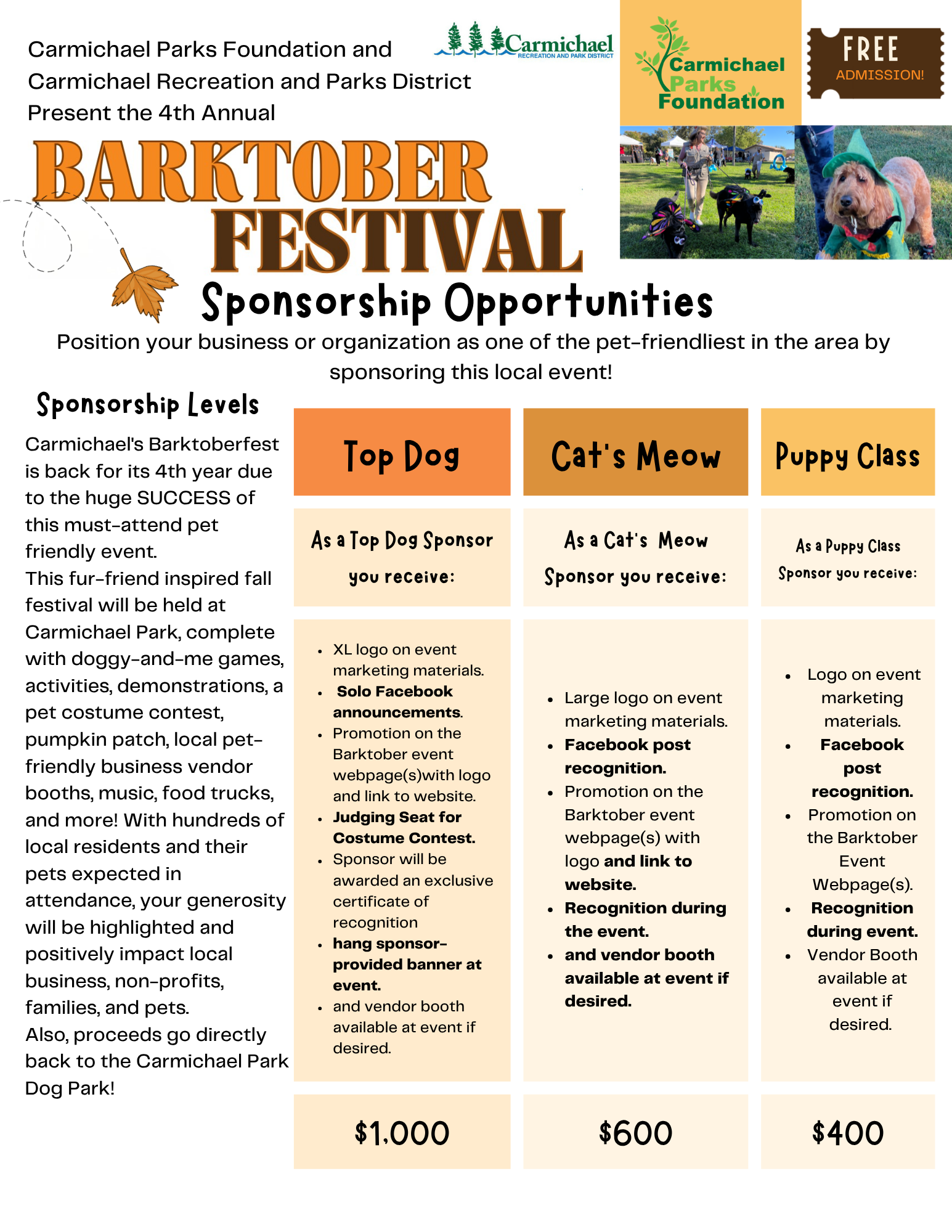 The image is about the Barktober Festival, offering sponsorship opportunities for local businesses at a pet-friendly event in Carmichael.