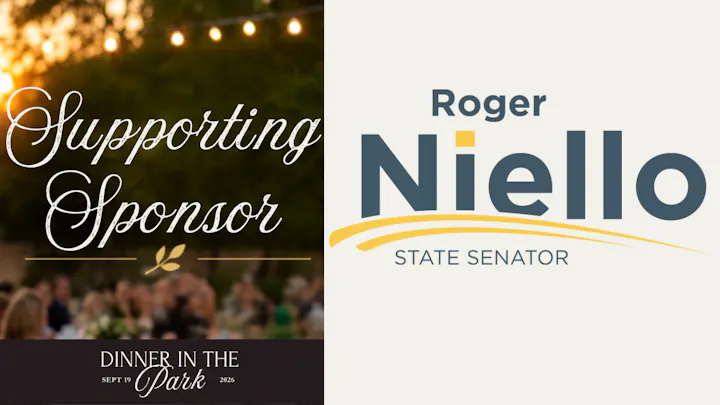 The image features a sponsorship banner for an event called "Dinner in the Park" supporting Roger Niello, a state senator.