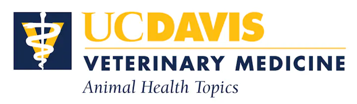 Logo for UC Davis Veterinary Medicine, featuring "Animal Health Topics" with a caduceus symbol, indicating veterinary expertise.