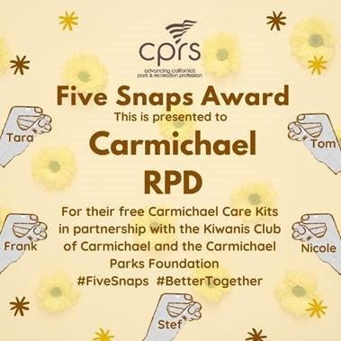 An award certificate for "Carmichael RPD" from "CPRS" for community service with Kiwanis Club, surrounded by names and yellow flowers. #FiveSnaps #BetterTogether