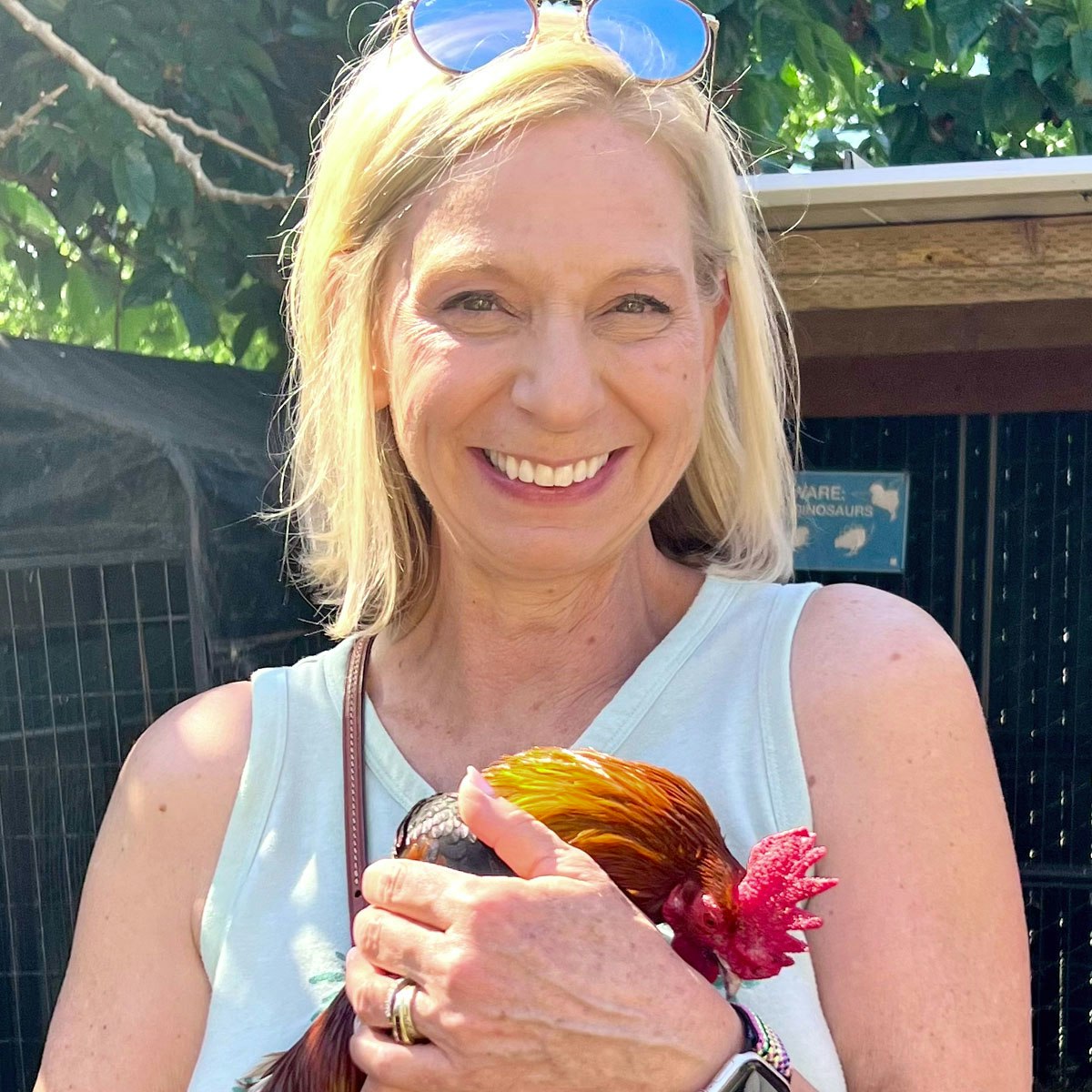 A smiling woman holding a rooster with sunglasses on her head.