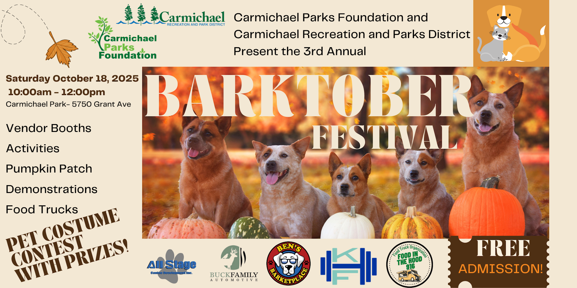 Barktober Festival on Oct 18, 2025, at Carmichael Park. Features vendor booths, activities, pumpkin patch, demos, food trucks, pet contest.