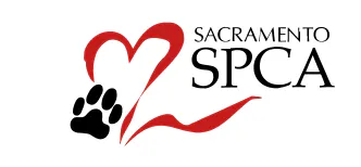 The image features the logo of the Sacramento SPCA, combining a heart and a paw print in red and black.