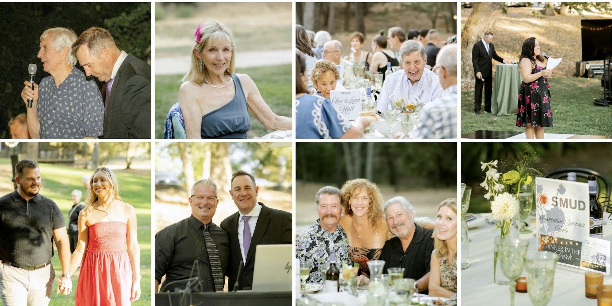 A collage of outdoor event scenes featuring people dining, speaking, and socializing in a park setting.