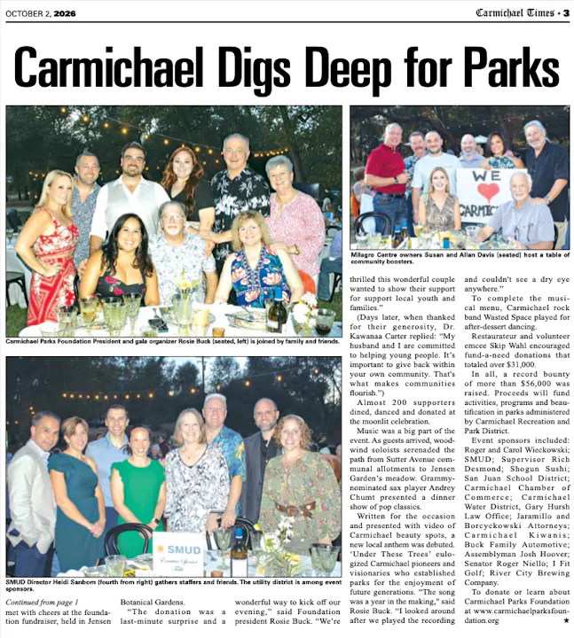 A gala for Carmichael Parks Foundation raised over $56,000 for local parks, hosted by community supporters and sponsors.