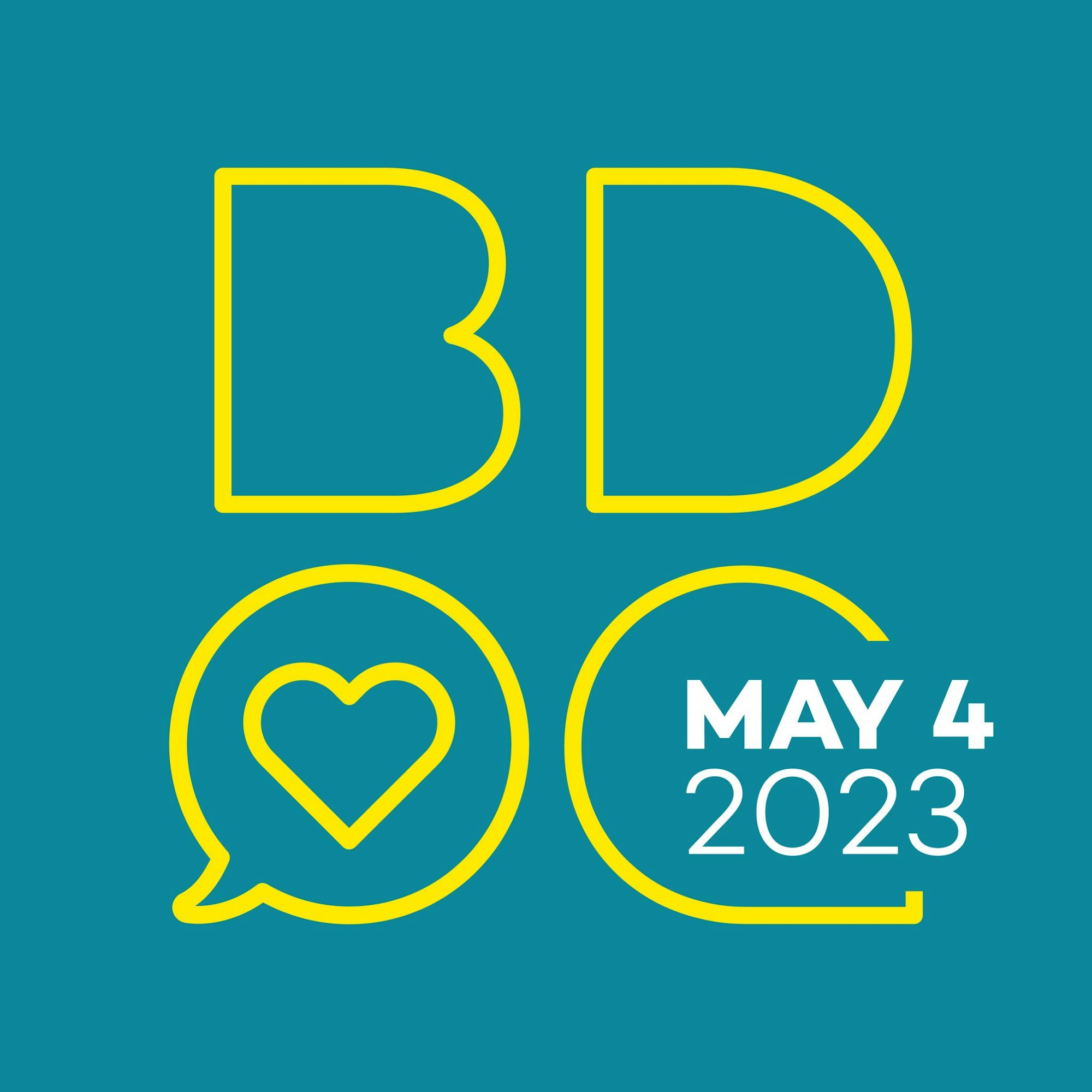The image displays "BD" in large letters, a heart inside a speech bubble, and the date "MAY 4 2023" on a teal background.