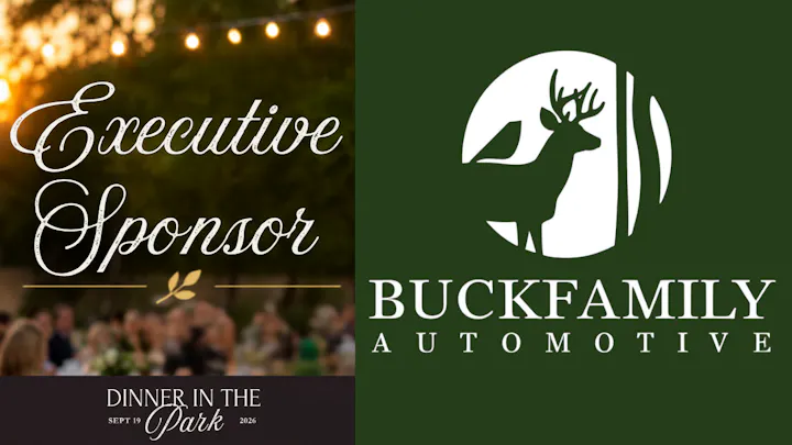 The image features "Executive Sponsor" text, an event titled "Dinner in the Park" on September 19, 2026, and Buckfamily Automotive logo.