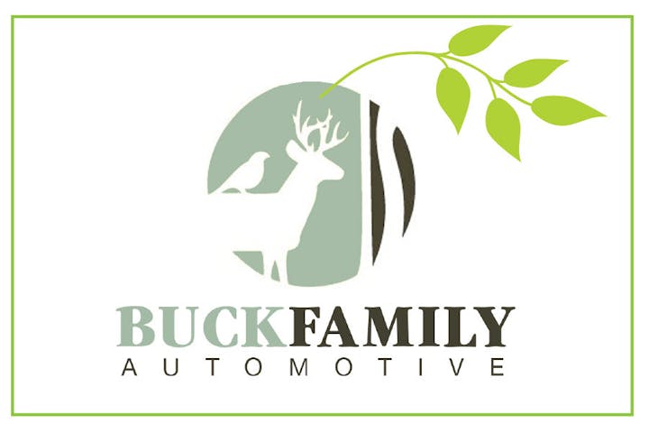Logo of Buck Family Automotive with a deer and bird silhouette, green leaves, and text.