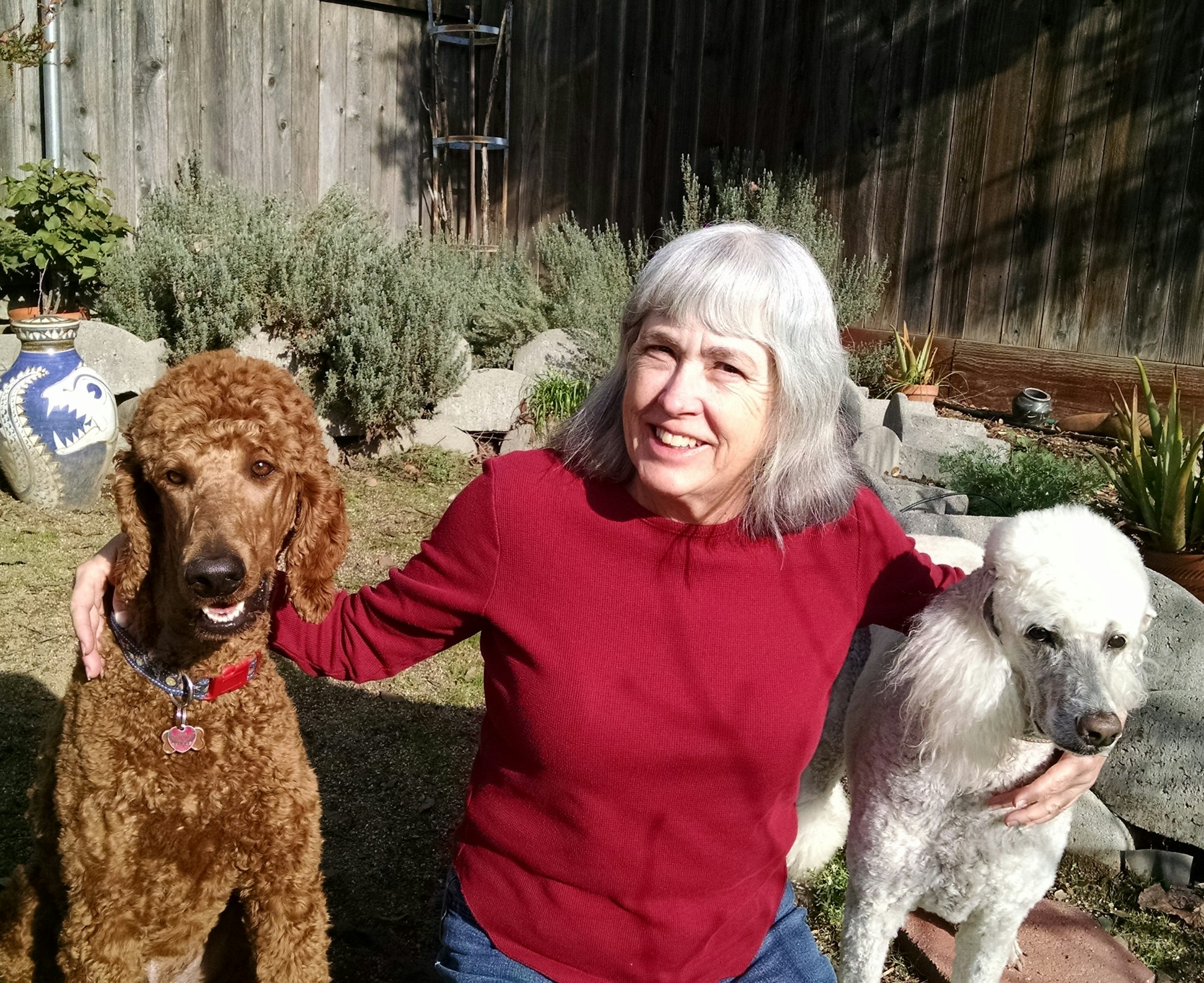 A smiling woman outdoors with two poodles, one brown and one white.