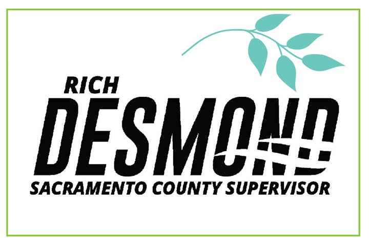 Text: "Rich Desmond, Sacramento County Supervisor," with a leaf graphic above.