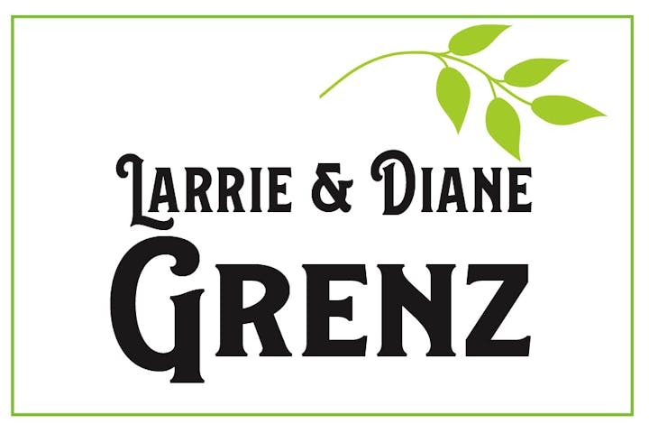 Text "Larrie & Diane Grenz" with green leaves in the corner.