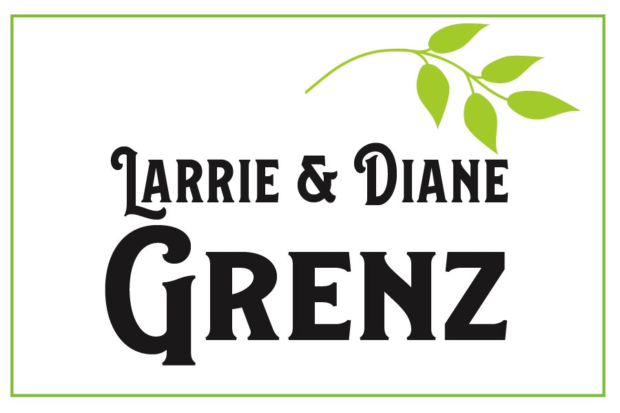 Text "Larrie & Diane Grenz" with green leaves in the corner.