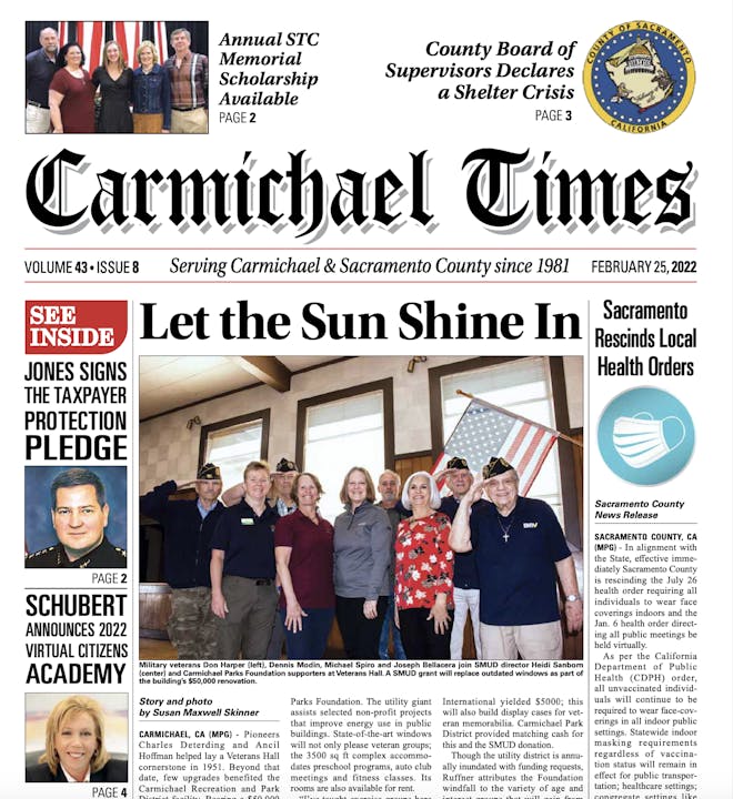 Front page of "Carmichael Times" with headlines, pictures of people, and news blurbs.