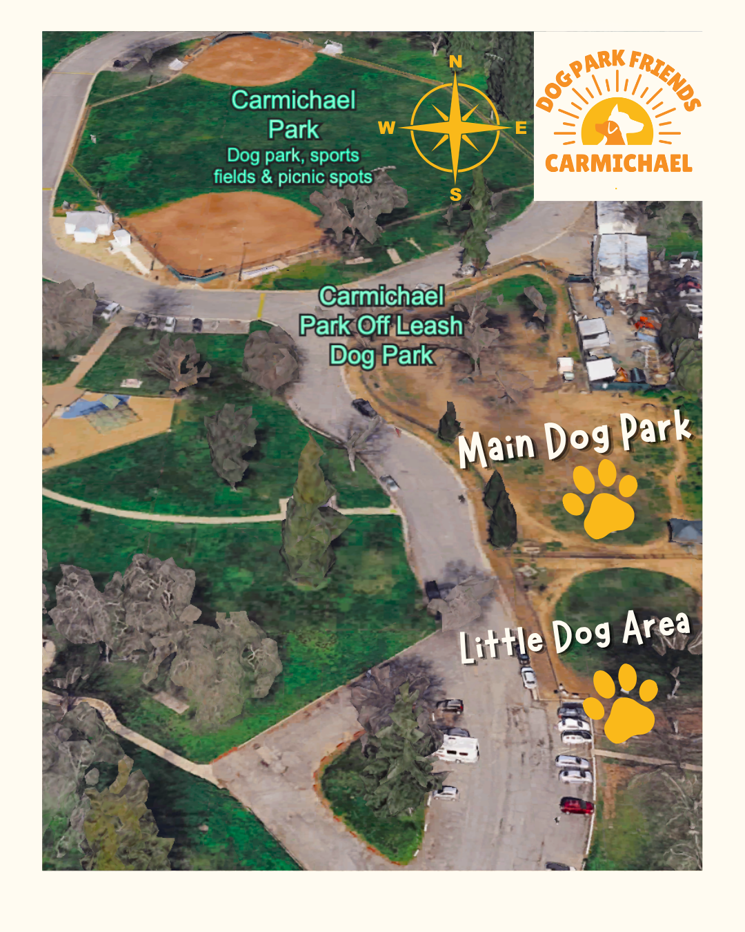 Map of Carmichael Park showing dog park areas (Main Dog Park and Little Dog Area), sports fields, and picnic spots.