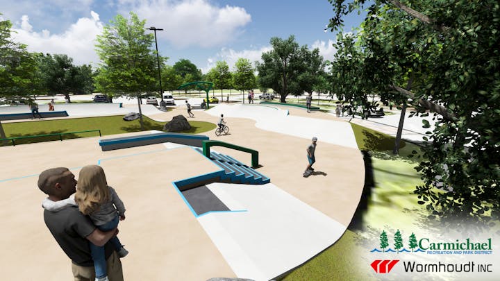 Skatepark with skaters and cyclists, surrounded by trees. Family watching. Logos for Carmichael Recreation and Park District and Wormhoudt Inc.