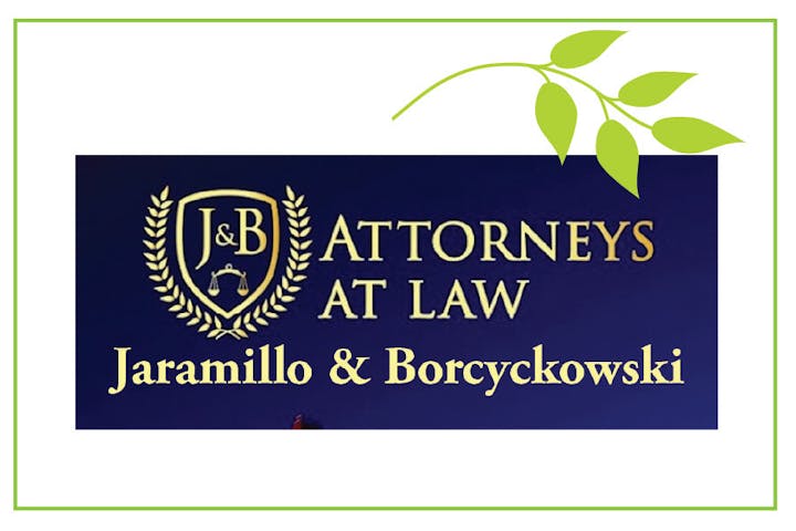 Logo for "Jaramillo & Borcyckowski, Attorneys at Law" with a leaf design and a justice scale emblem.