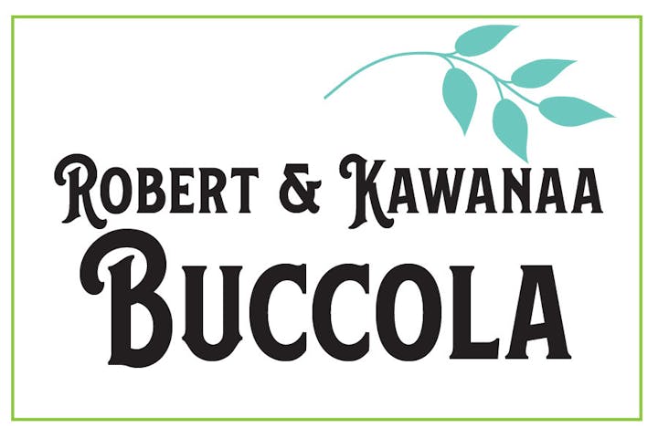 Text reads "Robert & Kawanaa Buccola" with green leaves design.
