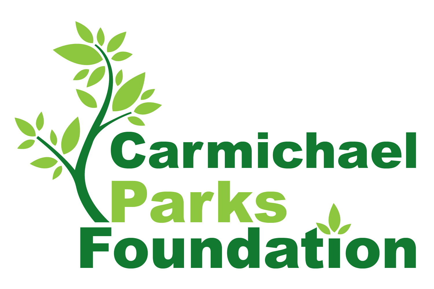A graphic logo featuring a tree with green leaves and the words "Carmichael Parks Foundation" in green text.