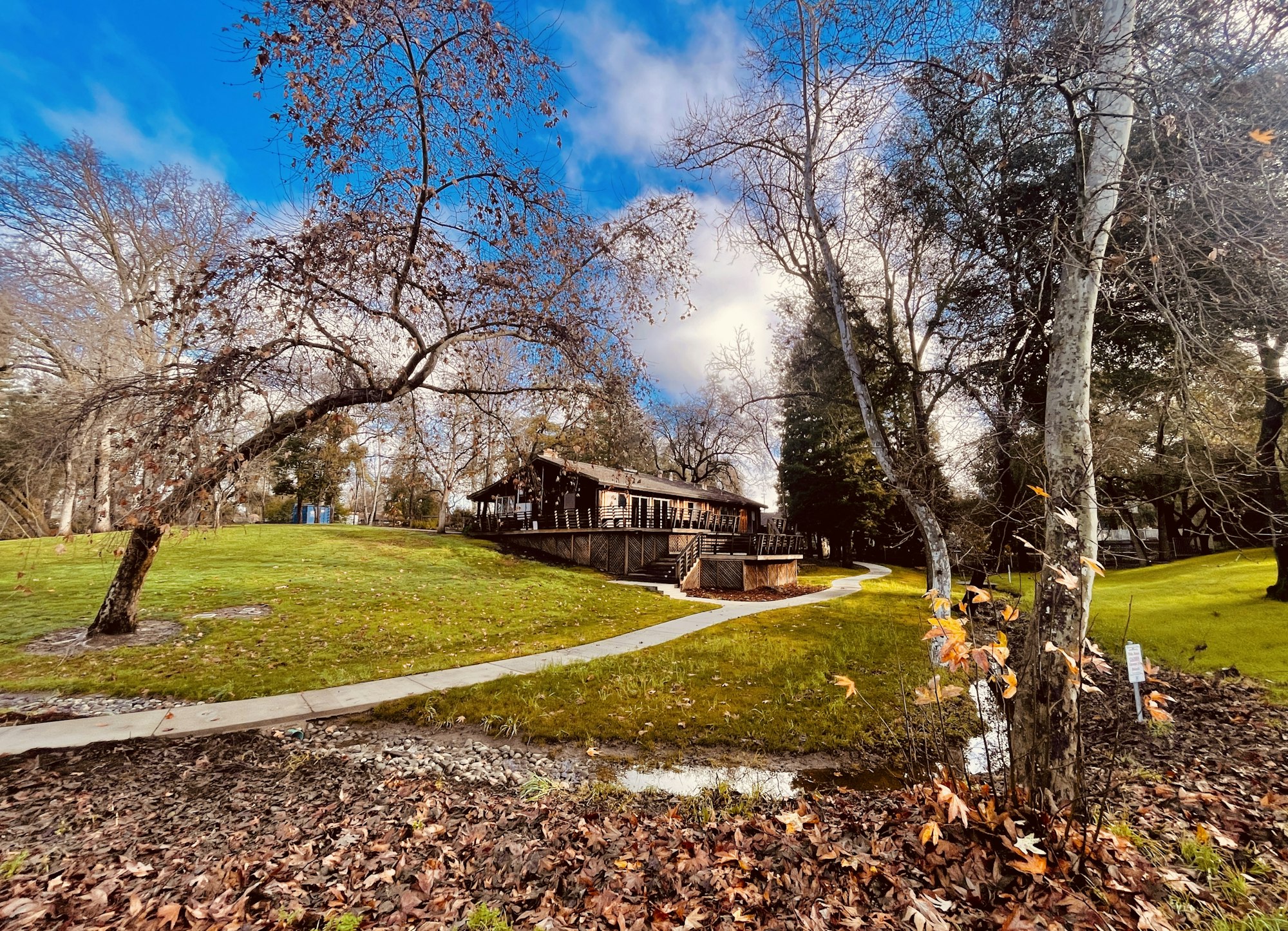 A scenic park with leafless trees, green grass, a pathway, and a wooden building with a porch, under a cloudy blue sky.