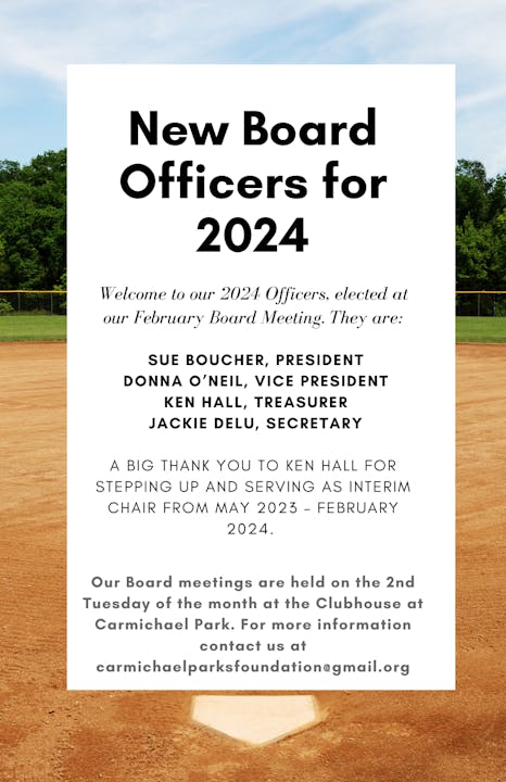 A flyer announcing new board officers for 2024 with background of a baseball field.
