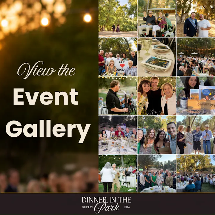 A collage showcasing a dinner event in a park, featuring guests enjoying food, music, and gatherings. Event date: Sept 19, 2026.