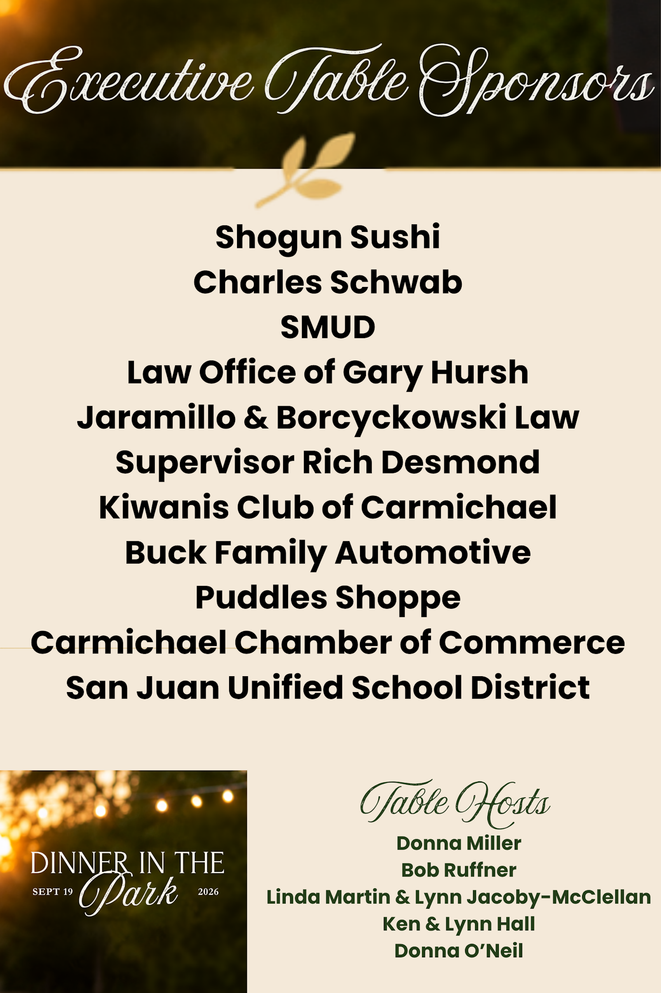 The image lists executive table sponsors and hosts for a "Dinner in the Park" event on September 19, 2026.