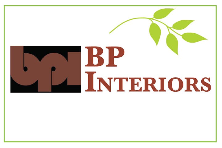 BP Interiors logo with a brown design and green leaves.
