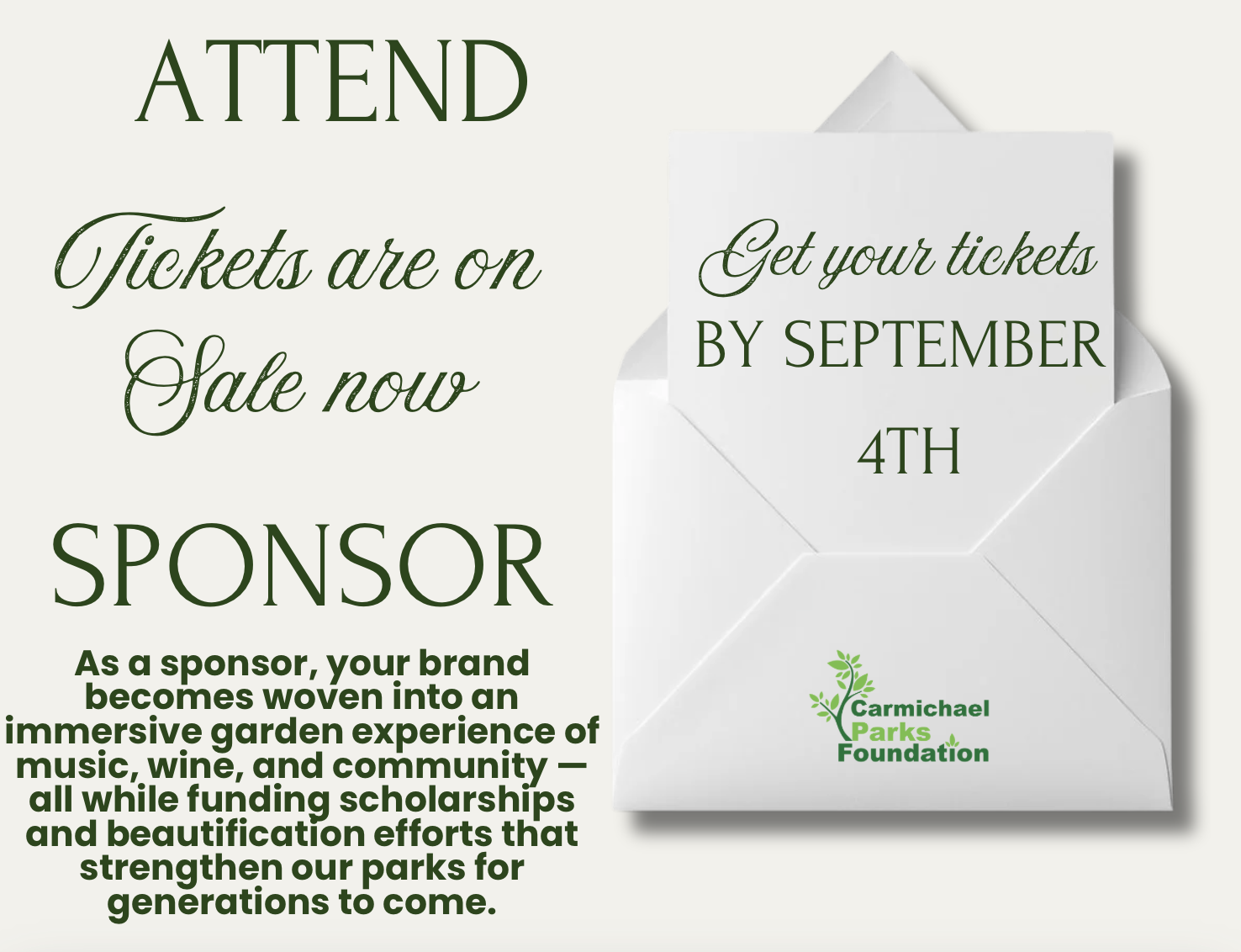 Tickets are on sale for a sponsor-driven garden event by the Carmichael Parks Foundation. Purchase by September 4th!