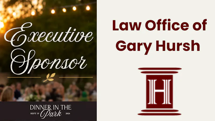 An event flyer for "Dinner in the Park" on Sept 19, 2026, featuring "Executive Sponsor" and the "Law Office of Gary Hursh."