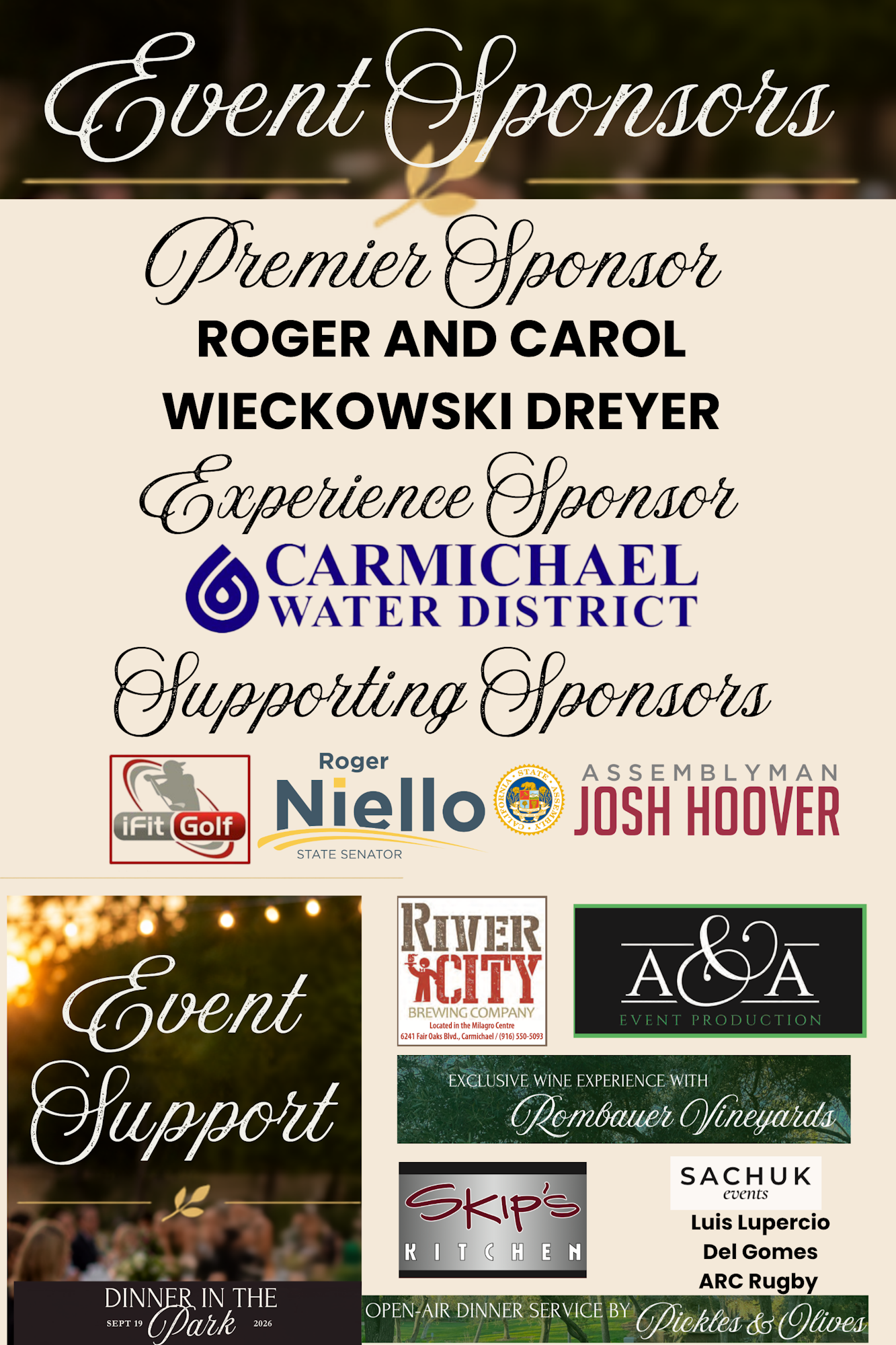 Event sponsors include Roger and Carol Dreyer, Carmichael Water District, and various supporting sponsors for a dinner in the park.