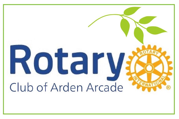Rotary Club of Arden Arcade logo with leaves and Rotary International wheel emblem.