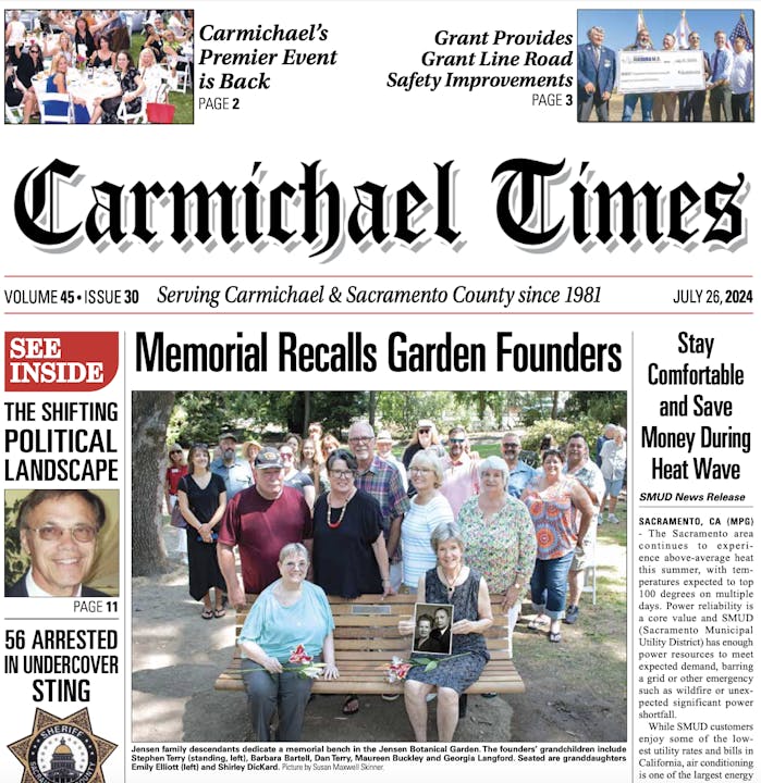 Front-page of "Carmichael Times" newspaper with headlines, date (July 26, 2024), and a photo of people at a memorial for garden founders.