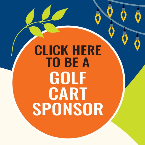 Invitation to be a golf cart sponsor, featuring leaves and string lights on a colorful background.