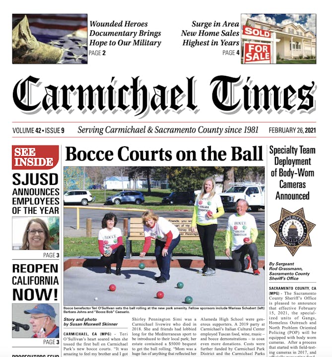 A newspaper front page with headlines about bocce courts, employees of the year, reopening California, and body-worn cameras for police.