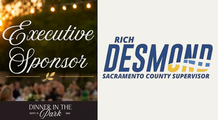 The image promotes an event called "Dinner in the Park" with Rich Desmond as an executive sponsor. Event date: September 19, 2026.