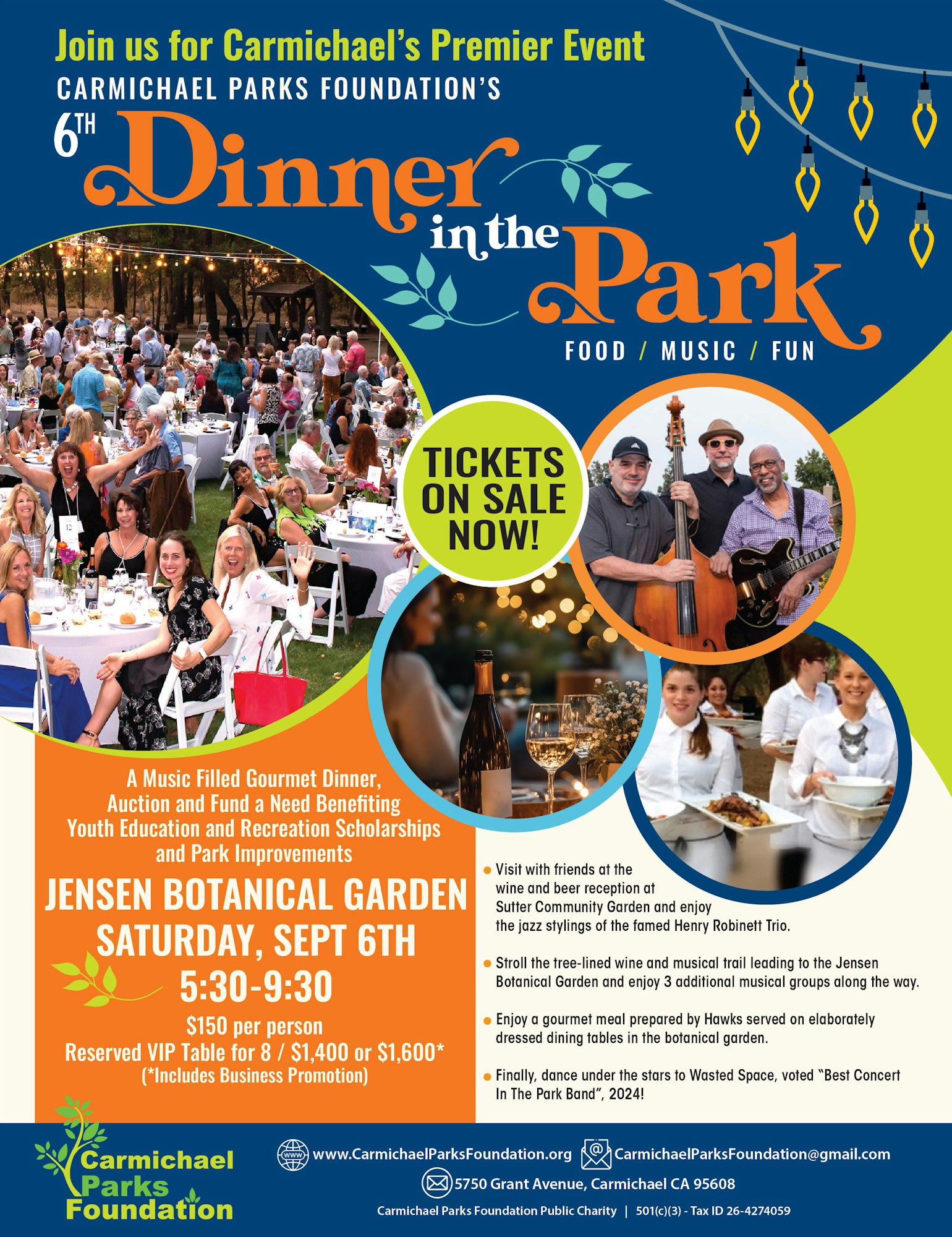 Flyer for Carmichael Parks Foundation's 6th "Dinner in the Park" on Sept 6th at Jensen Botanical Garden, featuring food, music, and fun.