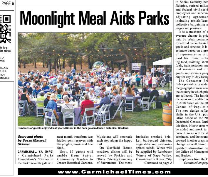 The image describes a "Dinner in the Park" gala in Carmichael, featuring music, food, and hundreds of guests at Jensen Botanical Gardens.
