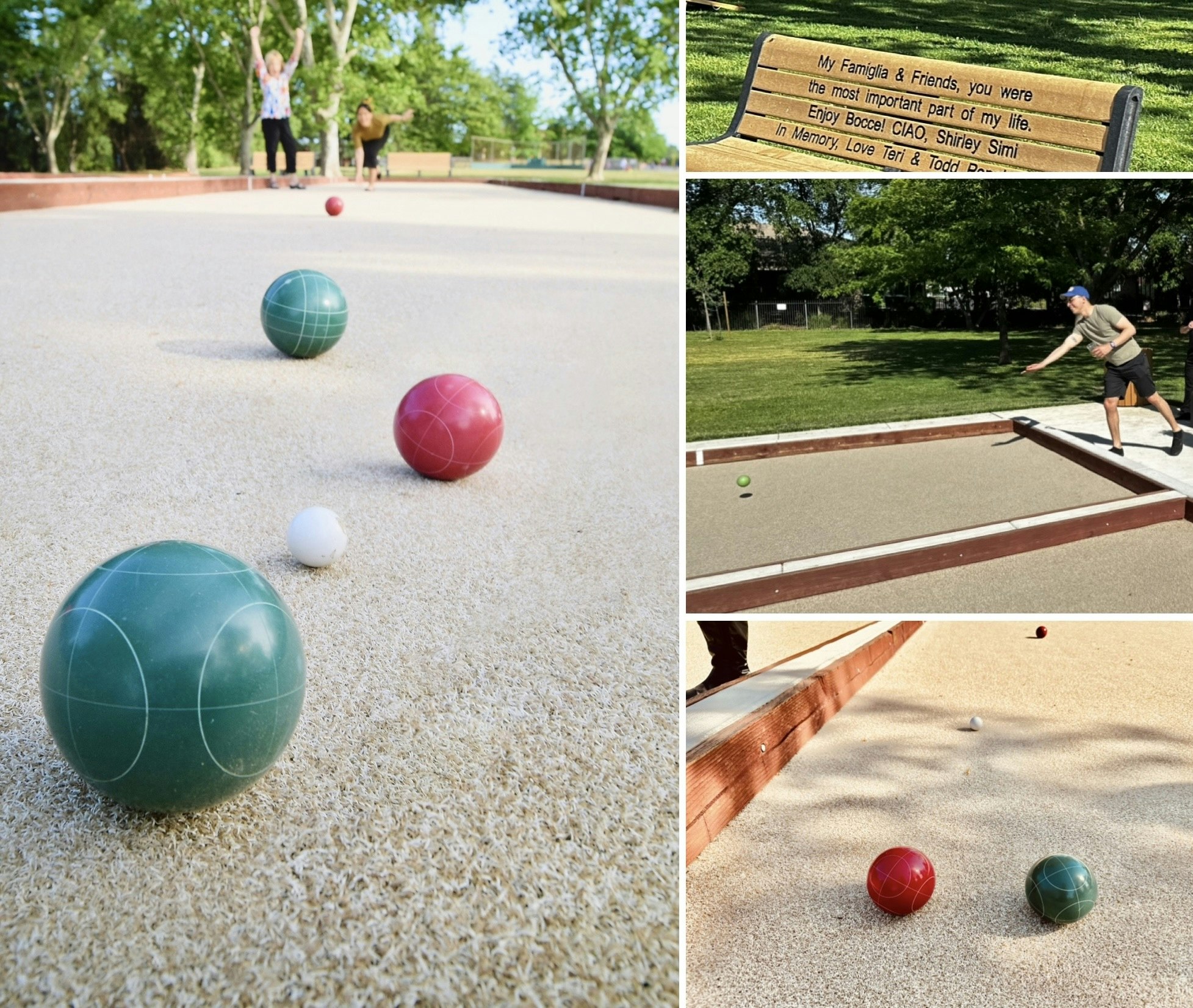 People playing bocce in a park, with bocce balls on the court and a memorial bench nearby.