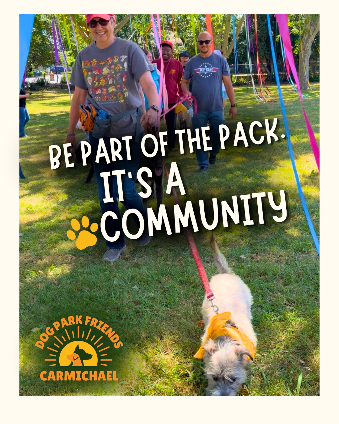 A community event at a dog park encouraging people to join and enjoy with their pets. Fun atmosphere with colorful decorations!