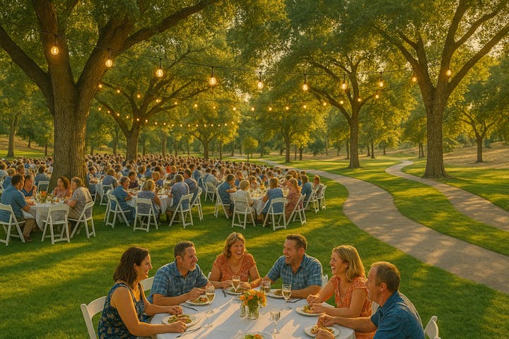 Outdoor dinner party with people seated at tables under string lights in a park setting, enjoying a meal and conversation.